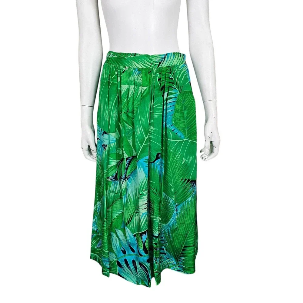 Vintage 80s Topics California Green Tropical Leaf Print Rayon Midi Skirt M Tiki‎